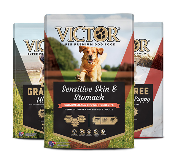 Group of three Victor Grain Free dog food bags