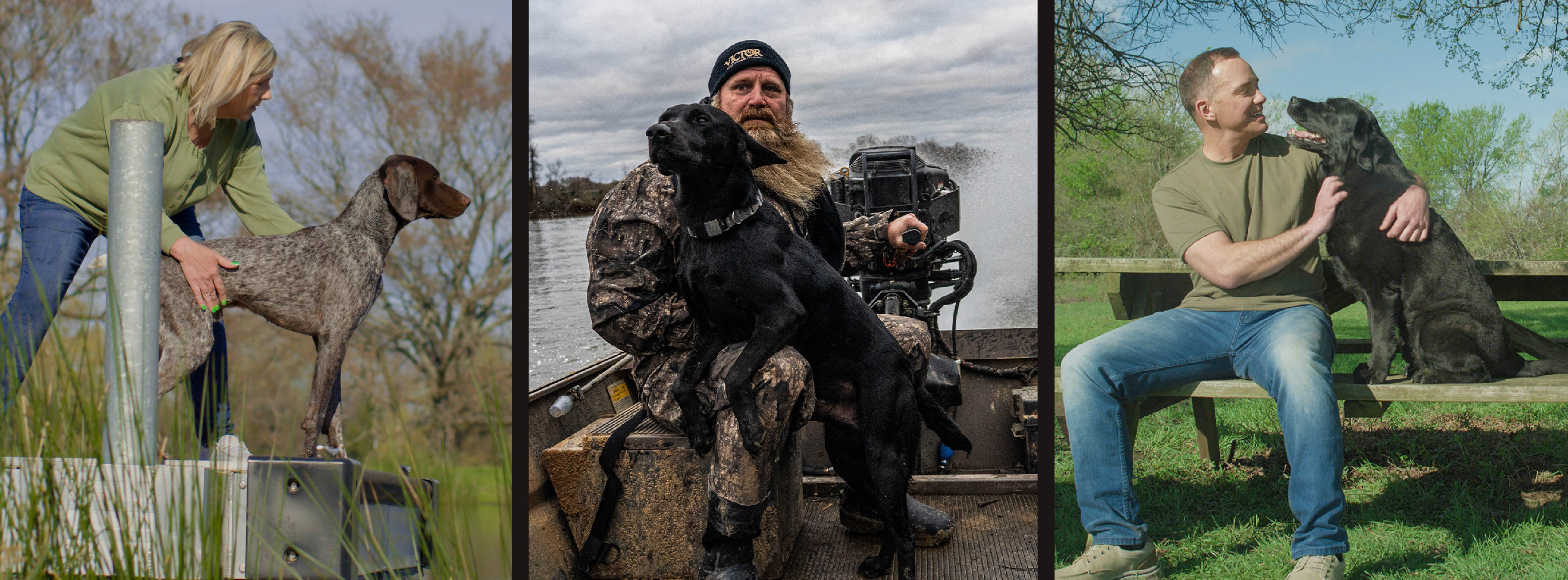 Dog trainer Shawn Sims with yellow labrador retriever dog in field